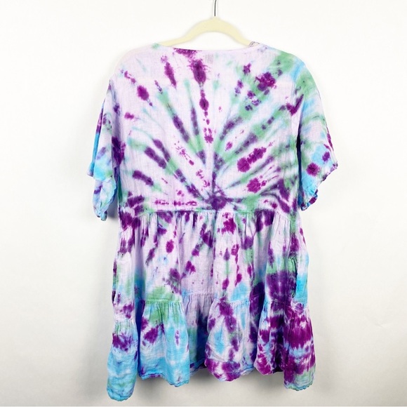 Joie 100% Linen Tiered Tie Dye V-neck Tunic Dress Pockets Purple Blue Sz Medium - Picture 3 of 4